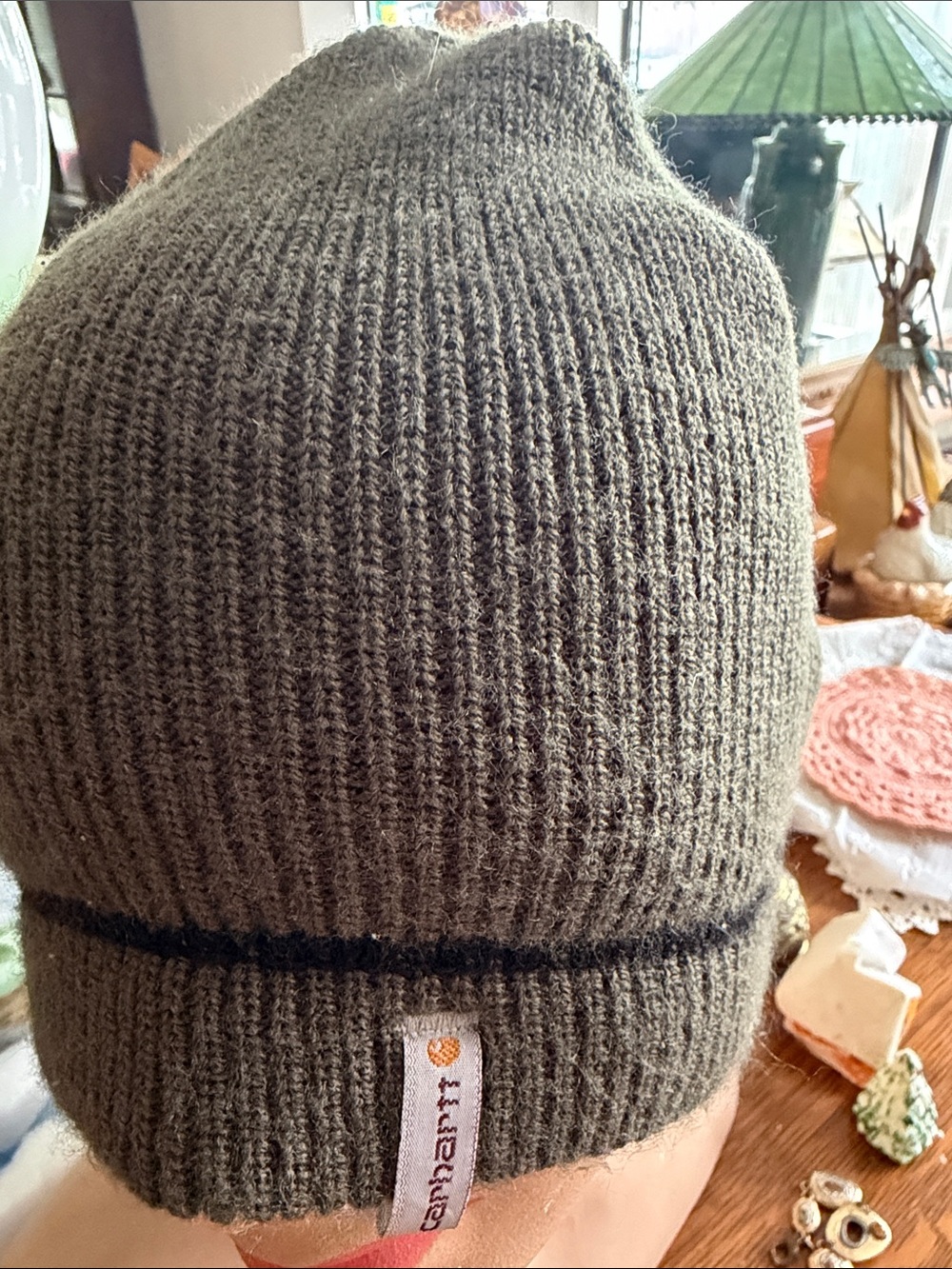 Carhartt Olive Green Knit Beanie with Black Trim